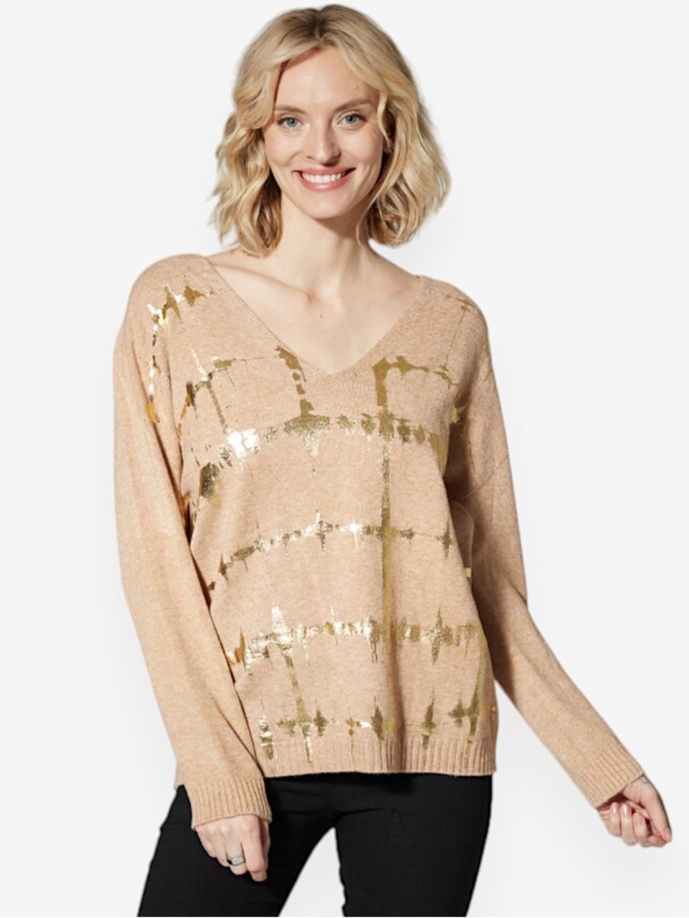 Made in Italy Metallic Gold Foil Abstract Grid Sweater Camel Tan V-Neck Slouchy